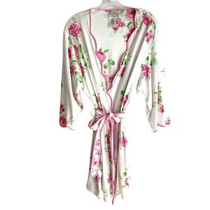 Earth Angels 100% Cotton White Pink Green Floral Rose Print Robe Size Large